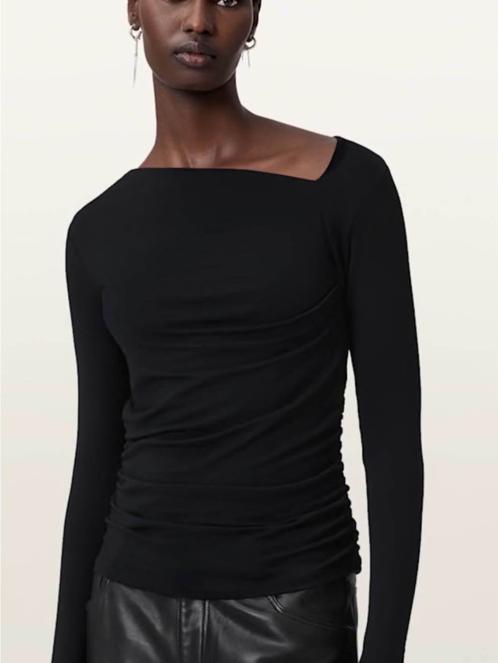 AllSaints Black Asymmetric-Neck Long Sleeve Top